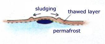 Eventually the repeated freeze/thaw cycles  make cracks appear in the pingo cover and then in a warm spell the lens of ice melts.